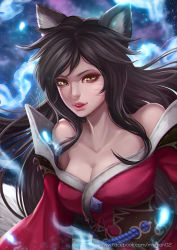 Rule 34 | 1girl, ahri (league of legends), animal ears, artist name, bare shoulders, black hair, breasts, cleavage, collarbone, facebook username, facial mark, fox ears, hitodama, korean clothes, league of legends, lips, long hair, looking at viewer, magion02, medium breasts, nose, parted lips, pink lips, signature, solo, teeth, upper body, watermark, web address, whisker markings, yellow eyes