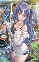 Rule 34 | 1girl, bacon, bare shoulders, black camisole, blue archive, blue shorts, blush, breasts, camisole, cleavage, collarbone, collared shirt, denim, denim shorts, dress shirt, egg (food), food, hair ornament, halo, highres, jewelry, light rays, long hair, long sleeves, looking at viewer, medium breasts, necklace, off shoulder, open mouth, purple eyes, purple hair, shirt, short shorts, shorts, sidelocks, frying pan, solo, spatula, stove, thighs, torino aqua, two side up, white shirt, yuuka (blue archive)