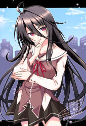 Rule 34 | 1girl, absurdres, ahoge, arm under breasts, black hair, black skirt, cityscape, closed mouth, commentary request, cowboy shot, day, floating hair, g-senjou no maou, hair between eyes, hand to own mouth, hand up, head tilt, highres, light blush, long hair, long sleeves, looking at viewer, miniskirt, neck ribbon, outdoors, pleated skirt, red eyes, red ribbon, ribbon, sailor collar, school uniform, sidelocks, signature, skirt, solo, standing, thinking, twitter username, usami haru, usetsusakon2, v-shaped eyebrows, very long hair, white sailor collar