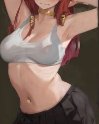 Rule 34 | 1girl, armpit crease, armpits, arms up, black skirt, bra, breasts, choker, closed mouth, covered erect nipples, cropped head, cropped legs, frown, grey background, hair rings, highres, large breasts, long hair, midriff, navel, red hair, ribs, skirt, solo, suggestive fluid, underwear, white bra, xibuxibutittye