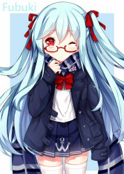 Rule 34 | 1girl, adjusting scarf, alternate costume, anchor symbol, blue background, blue coat, blue hair, blue scarf, blue skirt, bow, buttons, character name, closed mouth, coat, colored eyelashes, cowboy shot, fubuki (warship girls r), glasses, hair between eyes, long hair, long sleeves, looking at viewer, one eye closed, open clothes, open coat, outside border, plaid, plaid scarf, plaid skirt, pocket, red-framed eyewear, red bow, red eyes, red ribbon, ribbon, scarf, school uniform, serafuku, shirt, skirt, solo, tengxiang lingnai, text focus, thighhighs, twintails, warship girls r, white shirt, white thighhighs, zettai ryouiki