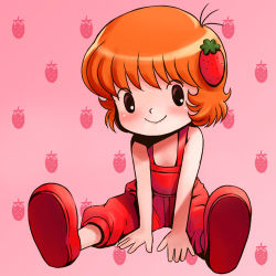 Rule 34 | 1980s (style), button nose, child, food, fruit, haruyama kazunori, lowres, oldschool, overalls, red hair, red overalls, retro artstyle, solo, strawberry, yume no hoshi no button nose