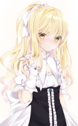 Rule 34 | 1girl, blonde hair, blush, bow, breasts, closed mouth, commentary request, hair between eyes, hair bow, hand up, high ponytail, kirisame marisa, long hair, looking at viewer, nanase nao, nose blush, ponytail, puffy short sleeves, puffy sleeves, shirt, short sleeves, sidelocks, skirt, small breasts, solo, touhou, very long hair, white background, white bow, white shirt, white skirt, yellow eyes