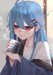 Rule 34 | 1girl, ahoge, alternate costume, blowing, blue hair, blue jacket, blurry, blurry background, bokeh, can, collarbone, commentary request, contemporary, cup, depth of field, hair between eyes, hair ornament, hairclip, highres, hinanawi tenshi, holding, holding cup, jacket, jitome, long hair, looking ahead, off shoulder, parted lips, red eyes, shirt, short sleeves, sidelocks, solo, steam, touhou, tsune (tune), upper body, white shirt