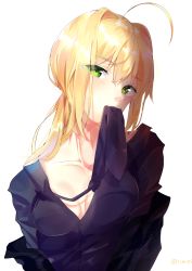 Rule 34 | 1girl, ahoge, artoria pendragon (all), artoria pendragon (fate), black necktie, black shirt, blonde hair, breasts, cleavage, collarbone, dress shirt, fate/zero, fate (series), green eyes, hair between eyes, head tilt, highres, long hair, mouth hold, necktie, saber (fate), shirt, simple background, small breasts, solo, timins, upper body, white background