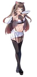 Rule 34 | 1girl, animal ear headphones, animal ears, armpits, bare shoulders, belt, belt buckle, black belt, black thighhighs, blue eyes, blunt bangs, blush, bow, bowtie, brown hair, buckle, cat ear headphones, collar, crop top, detached sleeves, display, fake animal ears, full body, garter straps, headphones, heart, heart hands, highleg, highleg panties, highres, hololive, leg up, loafers, long hair, long sleeves, looking at viewer, midriff, miniskirt, multicolored hair, natsuiro matsuri, natsuiro matsuri (re:start), navel, one eye closed, open mouth, panties, pi tayuko, pink bow, pink bowtie, pleated skirt, red hair, round teeth, see-through, shoes, skindentation, skirt, sleeveless, smile, solo, standing, stomach, teeth, thigh strap, thighhighs, two-tone hair, two side up, underwear, virtual youtuber, white background, white skirt, zettai ryouiki