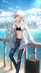Rule 34 | 1girl, black bra, blue eyes, blue pants, bra, breasts, cityscape, cleavage, cup, day, denim, disposable cup, drinking, earphones, highres, holding, holding cup, hood, hood down, hooded jacket, jacket, lake, long hair, long sleeves, looking away, luggage, medium breasts, midriff, navel, open clothes, open jacket, original, outdoors, pants, railing, rolling suitcase, shuvi (shuvi1125), solo, standing, stomach, suitcase, sunlight, torn clothes, torn pants, underwear, very long hair, white hair, white jacket