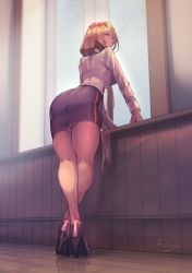Rule 34 | 1girl, ass, azur lane, bismarck (azur lane), blonde hair, blue eyes, breasts, closed mouth, commentary request, crossed legs, filin, from behind, full body, hair between eyes, high heels, highres, indoors, long hair, long sleeves, looking at viewer, looking back, office lady, pencil skirt, pointy nose, reflective floor, shirt, signature, skirt, solo, standing, taut clothes, taut skirt, thighs, underboob, very long hair, white shirt, white sleeves, window