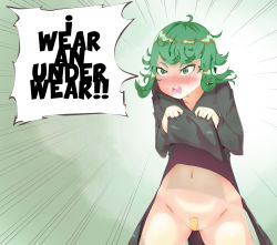 Rule 34 | 1girl, angry, bandaid, bandaid on pussy, black dress, blush, dress, green eyes, green hair, highres, matching hair/eyes, one-punch man, open mouth, solo, standing, tatsumaki