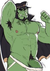 Rule 34 | 1boy, abs, armpit hair, armpits, bara, bare pectorals, beard, bulge, chest hair, colored skin, commission, cowboy shot, erection, erection under clothes, facial hair, flexing, green skin, hat, highres, jacket, jacket on shoulders, jockstrap, kepi, large pectorals, looking at viewer, male focus, male pubic hair, male underwear, mature male, military hat, monster boy, muscular, muscular male, navel, nipples, no pants, orc, original, pectorals, penis, penis peek, police hat, presenting armpit, pubic hair, ruslorc, sanpaku, seductive smile, short hair, smile, solo, stomach, strongman waist, thick eyebrows, thick thighs, thighs, tusks, underwear, unfinished, veins, veiny penis, white male underwear