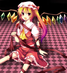 Rule 34 | 1girl, blouse, collared shirt, female focus, flandre scarlet, gradient hair, hat, mikage natsu, mob cap, multicolored hair, red eyes, ribbon, shirt, solo, touhou, white hat, white shirt, wings