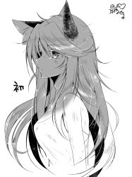 Rule 34 | 1girl, animal ears, bare shoulders, blush, breasts, bruise, closed mouth, greyscale, hair between eyes, heart, highres, injury, long hair, looking away, medium breasts, monaka natsume, monochrome, original, shirt, signature, sleeveless, sleeveless shirt, solo, translation request, very long hair, wolf ears