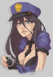 Rule 34 | 1girl, bankage, between breasts, blue eyes, breasts, caitlyn (league of legends), cleavage, cuffs, handcuffs, hat, league of legends, lips, long hair, officer caitlyn, police, police uniform, policewoman, solo, uniform, upper body