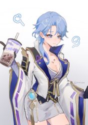 Rule 34 | 1girl, armor, between breasts, black gloves, blue eyes, blue hair, breasts, bubble tea, cleavage, cup, disposable cup, genderswap, genderswap (mtf), genshin impact, gloves, gradient background, grey background, highres, holding, holding cup, japanese armor, japanese clothes, kamisato ayato, large breasts, looking at viewer, mole, mole under mouth, parted lips, pencil skirt, powu555, ribbon-trimmed sleeves, ribbon trim, simple background, skirt, solo, tassel, twitter username, vision (genshin impact), wet, wide sleeves