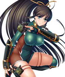 Rule 34 | 1girl, aikawa arisa, aqua eyes, arm guards, bow, bowtie, breasts, brown hair, commentary request, covered erect nipples, female focus, fingerless gloves, fishnets, gloves, green legwear, highres, holding, holster, kneeling, large breasts, long hair, looking at viewer, ninja, nipples, official art, on one knee, ponytail, sandals, sanpei haruka, serious, shiny skin, shuriken, simple background, solo, taimanin (series), taimanin asagi kessen arena, thigh holster, turtleneck, weapon, white background