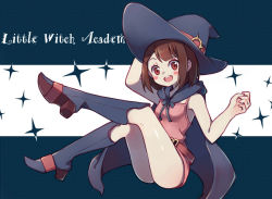 Rule 34 | 10s, 1girl, :d, aged down, bare shoulders, blunt bangs, blush stickers, boots, brown eyes, brown hair, copyright name, crossed legs, dianche miao (18826), dress, full body, hand on headwear, hat, kagari atsuko, legs, little witch academia, looking at viewer, open mouth, pink dress, round teeth, short dress, smile, solo, sparkle, teeth, text focus, witch hat