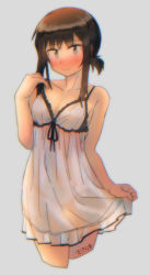 Rule 34 | 1girl, alternate costume, artist name, blush, brown eyes, brown hair, commentary request, cowboy shot, cropped legs, ergot, fubuki (kancolle), grey background, kantai collection, lingerie, looking at viewer, low ponytail, negligee, nose blush, short hair, short ponytail, simple background, solo, underwear