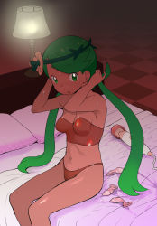 Rule 34 | 1girl, :o, bed, blush, breasts, condom, creatures (company), cum, dark-skinned female, dark skin, flower, game freak, green eyes, green hair, hair flower, hair ornament, highres, hitachi magic wand, long hair, looking at viewer, mallow (pokemon), medium breasts, midriff, navel, nintendo, on bed, ookamiuo, pillow, pokemon, pokemon sm, sex toy, sitting, solo, sweat, twintails, used condom, vibrator