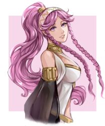Rule 34 | 1girl, artist name, braid, breasts, commentary, english commentary, fire emblem, fire emblem awakening, from side, hairband, highres, long hair, looking at viewer, medium breasts, nintendo, olivia (fire emblem), parted lips, pink eyes, pink hair, ponytail, schereas, smile, solo, twin braids, upper body, very long hair
