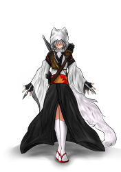 Rule 34 | 1girl, animal ears, arrow (projectile), assassin&#039;s creed, assassin&#039;s creed (series), bow, bow (weapon), concealed weapon, detached sleeves, fingerless gloves, full body, gloves, hidden blade (assassin&#039;s creed), highres, hood, inubashiri momiji, kourindou tengu costume, na (kyuu:xai), pom pom (clothes), quiver, short hair, silver hair, simple background, smile, solo, tail, touhou, weapon, white background, wolf ears, wolf tail