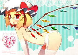 Rule 34 | 1girl, 2013, all fours, bad id, bad pixiv id, bent over, blonde hair, blush, bow, breasts, dated, elbow gloves, female focus, flandre scarlet, garter belt, garter straps, gloves, hat, hat bow, lace, lace-trimmed gloves, lace-trimmed legwear, lace trim, looking at viewer, nude, red eyes, short hair, side ponytail, small breasts, solo, sorrau, thighhighs, touhou, white gloves, white thighhighs, wings