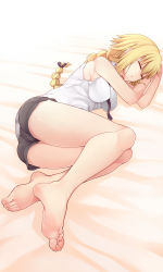 Rule 34 | 1girl, ass, bare arms, bare legs, bare shoulders, barefoot, batatata77, between breasts, black necktie, black shorts, blouse, bow, braid, braided ponytail, breasts, closed eyes, closed mouth, commentary request, covered erect nipples, fate/apocrypha, fate (series), feet, full body, hair bow, highres, jeanne d&#039;arc (fate), jeanne d&#039;arc (girl from orleans) (fate), jeanne d&#039;arc (ruler) (fate), long hair, low-tied long hair, lying, medium breasts, necktie, necktie between breasts, on side, purple bow, revision, shirt, shorts, single braid, sleeping, sleeveless, sleeveless shirt, soles, solo, toes, white shirt