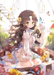 Rule 34 | 1girl, bad id, bad pixiv id, between legs, blue ribbon, blush, braid, brown hair, bug, butterfly, butterfly on hand, center frills, curly hair, dohj00, dress, fence, flower, flower pot, frilled dress, frilled shirt collar, frilled sleeves, frills, green eyes, grin, hair flower, hair ornament, hand between legs, insect, jar, lace, long hair, looking at viewer, neck ribbon, no shoes, original, petals, plant, ribbon, shelf, signature, sitting, smile, solo, sparkle, vines, white dress, white legwear, yellow ribbon