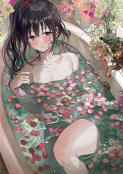 Rule 34 | 1girl, bathtub, blush, breasts, brown hair, candle, faucet, flower, hair between eyes, hand up, highres, long hair, looking at viewer, messy hair, mole, mole on breast, nude, original, pale skin, parted lips, partially submerged, petals, purple eyes, saya (mychristian2), side ponytail, solo, water