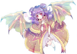 Rule 34 | 1girl, alternate costume, bead necklace, beads, bracelet, brown capelet, brown coat, capelet, circlet, coat, dragon girl, dragon wings, dress, female focus, fire emblem, fire emblem: the sacred stones, fire emblem heroes, fringe trim, from above, gold trim, green wings, hair ornament, hair tie, hand up, high-low skirt, highres, hood, jewelry, light smile, long hair, looking at viewer, multi-tied hair, multicolored clothes, multicolored coat, myrrh (fire emblem), necklace, nintendo, official alternate costume, pale skin, pata (teihanpatsu), purple hair, red coat, red eyes, shin strap, short dress, simple background, smile, twintails, veil, white dress, wings, wristband, yellow wings