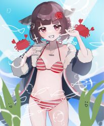Rule 34 | 1girl, air bubble, bikini, black jacket, blade, blunt bangs, bob cut, brown hair, bubble, collarbone, commentary, cosplay, cowboy shot, crab, finger to cheek, fish, fish pendant, fur-trimmed jacket, fur trim, grin, halterneck, hands up, hatsune miku, hatsune miku (cosplay), head tilt, headgear, highres, jacket, kabi (kabipam), light blush, looking at viewer, navel, open clothes, open jacket, pointing, pointing at self, red bikini, red eyes, seaweed, short hair, smile, smiley face, solo, sparkle, stomach, striped bikini, striped clothes, swimsuit, symbol-only commentary, touhoku kiritan, umi no searchlight (vocaloid), v-shaped eyebrows, vocaloid, voiceroid, yuki miku, yuki miku (2022), yuki miku (cosplay)