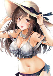 Rule 34 | 1girl, absurdres, armpits, bare shoulders, bikini, blush, bow, bracelet, breasts, brown eyes, brown hair, cleavage, collarbone, commentary request, cowboy shot, floral print, flower, flower necklace, grey bikini, hair bow, hands on headwear, hat, highres, hip focus, idolmaster, idolmaster shiny colors, jewelry, large breasts, long hair, looking at viewer, navel, necklace, open mouth, patterned clothing, plaid, plaid bikini, purple bikini, revision, side-tie bikini bottom, sidelocks, simple background, smile, solo, stomach, sun hat, swept bangs, swimsuit, tsukioka kogane, umakuchi shouyu, wet, white background, wristband