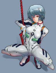 Rule 34 | 1girl, :|, arm behind back, ayanami rei, blue hair, bodysuit, bracer, breasts, closed mouth, crotch, expressionless, female focus, full body, gloves, grey background, hair between eyes, headgear, hip focus, holding, holding weapon, impossible bodysuit, impossible clothes, interface headset, lance, lance of longinus (evangelion), large breasts, leaning, looking at viewer, neon genesis evangelion, pilot suit, planted, plugsuit, polearm, red eyes, shadow, shiny clothes, short hair, simple background, skin tight, solo, spear, spread legs, squatting, turtleneck, weapon