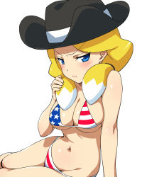 Rule 34 | 10s, 1girl, american flag bikini, annoyed, arm support, bare shoulders, bikini, blonde hair, blue eyes, blush, breasts, cleavage, cowboy hat, danball senki, flag print, freckles, hairu, hat, jessica kaios, large breasts, long hair, looking at viewer, multicolored hair, navel, shiny skin, simple background, skindentation, solo, swimsuit, two-tone hair, underboob, united states, white hair