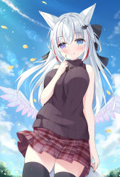 Rule 34 | 1girl, :q, animal ears, bare arms, bare shoulders, bat hair ornament, black bow, black nails, black sweater, black thighhighs, blue eyes, blue sky, blue wings, blush, bow, braid, breasts, brown skirt, closed mouth, cloud, commentary request, copyright request, day, feathered wings, fox ears, hair between eyes, hair bow, hair ornament, heterochromia, highres, long hair, looking at viewer, low wings, medium breasts, multicolored hair, nail polish, outdoors, plaid, plaid skirt, pleated skirt, purple eyes, red hair, ribbed sweater, satsuki yukimi, silver hair, skirt, sky, sleeveless, sleeveless sweater, sleeveless turtleneck, smile, solo, streaked hair, sweater, thighhighs, tongue, tongue out, turtleneck, very long hair, wings