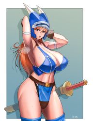 Rule 34 | 1girl, absurdres, armlet, armor, armpits, blue armor, breasts, brown eyes, brown gloves, brown hair, cleavage, daisy (dq), dragon quest, dragon quest yuusha abel densetsu, fake horns, gloves, helmet, hero (do-belman), highres, horned helmet, horns, huge breasts, long hair, looking at viewer, open mouth, solo, standing, sword, warrior, weapon