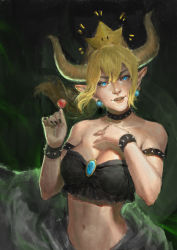 Rule 34 | 1girl, absurdres, armlet, bare shoulders, black collar, black nails, black shirt, blonde hair, blue eyes, borrowed design, bowsette, bracelet, breasts, candy, cleavage, clothes lift, collar, collarbone, commentary, crop top, crown, earrings, english commentary, food, gender request, genderswap, hair between eyes, hand on own chest, highres, holding, holding candy, holding food, holding lollipop, horns, jewelry, juliana wilhelm, large breasts, lollipop, long hair, looking at viewer, mario (series), nail polish, navel, new super mario bros. u deluxe, nintendo, open mouth, pointy ears, ponytail, sharp teeth, shirt, smile, solo, speedpaint, spiked armlet, spiked bracelet, spiked collar, spikes, strapless, super crown, teeth, transformation, upper body