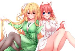 Rule 34 | 2girls, :d, absurdres, ahoge, amairo islenauts, animal ears, bikini, black pantyhose, blonde hair, blue eyes, blush, braid, breasts, collarbone, commentary, curvy, dress, eyelashes, eyes visible through hair, fang, feet out of frame, green dress, hair between eyes, hair ribbon, hands up, happy, highres, holding hands, interlocked fingers, knees together feet apart, knees up, koyo aki (vtvd5277), large breasts, legs together, long hair, long sleeves, looking at viewer, masaki gaillard, medium hair, multiple girls, naked shirt, one side up, open mouth, pantyhose, playing with own hair, red hair, red tail, ribbon, shiny skin, shirley warwick, shirt, short dress, side-tie bikini bottom, simple background, single braid, sitting, smile, swimsuit, tail, thighband pantyhose, thighs, very long hair, white background, white ribbon, wolf ears, wolf girl, wolf tail