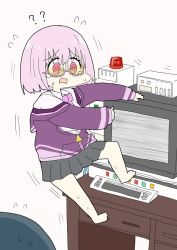 Rule 34 | 10s, ?, ashitaba tomorou, bow, collared shirt, commentary request, computer, desk, flying sweatdrops, gridman universe, jacket, light purple hair, looking over eyewear, looking over glasses, off shoulder, pink-framed eyewear, purple bow, purple jacket, semi-rimless eyewear, shinjou akane, shirt, solo, ssss.gridman, sunglasses, tinted eyewear, white background, white shirt, yellow-tinted eyewear, yellow-tinted glasses