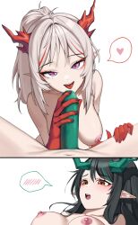 Rule 34 | 1futa, 1girl, arknights, assertive female, black hair, breasts, censored, collarbone, colored skin, comic, commission, dragon horns, dusk (arknights), futa with female, futanari, grey hair, handjob, heart, highres, horns, imminent fellatio, incest, large breasts, long hair, looking at another, mosaic censoring, multicolored hair, multiple girls, nian (arknights), nipples, open mouth, penis, pointy ears, ponytail, purple eyes, red eyes, red hair, red skin, siblings, siguya, sisters, spoken blush, spoken heart, spread legs, streaked hair, tongue, tongue out, two-tone hair