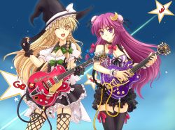 Rule 34 | 2girls, adapted costume, alternate hairstyle, bad id, bad pixiv id, bare shoulders, black legwear, blonde hair, bow, braid, breasts, chain, cleavage, crescent, crescent hair ornament, dice, double bun, female focus, fingerless gloves, gloves, guitar, hair bow, hair ornament, hat, highres, instrument, kirisame marisa, long hair, mickey dunn, multiple girls, one eye closed, patchouli knowledge, purple eyes, purple hair, silk, single braid, skirt, spider web, thighhighs, touhou, very long hair, wink, witch, witch hat, wrist cuffs, yellow eyes, zettai ryouiki