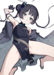 Rule 34 | 1girl, 8886961, absurdres, armpits, bare legs, black dress, black gloves, black hair, blue archive, braid, braided bun, breasts, butterfly hair ornament, china dress, chinese clothes, coat, commentary, double bun, dragon print, dress, gloves, gluteal fold, grey eyes, grey halo, groin, hair bun, hair ornament, halo, highres, jacket, kisaki (blue archive), long hair, looking at viewer, pelvic curtain, pinstripe pattern, print dress, sleeveless, sleeveless dress, small breasts, solo, spread legs, striped clothes, striped coat, striped jacket, thighs, twintails, vertical-striped clothes, vertical-striped coat, vertical-striped jacket