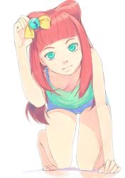Rule 34 | 10s, 1girl, aikatsu! (series), aikatsu stars!, akinbo (hyouka fuyou), all fours, barefoot, bell, blue shorts, blunt bangs, bow, cone hair bun, downblouse, full body, green eyes, hair bell, hair bow, hair bun, hair ornament, highres, long hair, looking at viewer, red hair, saotome ako, shirt, short shorts, shorts, simple background, sleeveless, sleeveless shirt, solo, white background, yellow bow