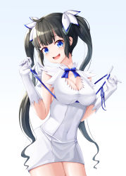 Rule 34 | 1girl, :d, absurdres, black hair, blue eyes, blue neckwear, blue ribbon, bow, breasts, cleavage, covered navel, cowboy shot, dress, dungeon ni deai wo motomeru no wa machigatteiru darou ka, gloves, hair bow, head tilt, hestia (danmachi), highres, long hair, looking at viewer, medium breasts, open mouth, rei no himo, ribbon, ryon y0421, short dress, simple background, sleeveless, sleeveless dress, smile, solo, standing, twintails, very long hair, white background, white bow, white dress, white gloves