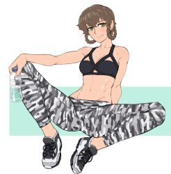 Rule 34 | 1girl, abs, absurdres, amane suzuha, bottle, braid, breasts, brown hair, camouflage, camouflage pants, cleavage, collarbone, full body, green eyes, highres, holding, holding bottle, ittla, legs apart, looking at viewer, medium breasts, midriff, navel, pants, shoes, short hair, simple background, sitting, smile, sports bra, spread legs, steins;gate, sweat, tareme, toned, toned female, twin braids, water, water bottle