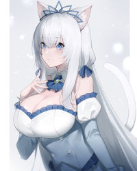 Rule 34 | absurdres, animal ears, ascot, bare shoulders, blue ascot, blue eyes, blush, breasts, brooch, cat ears, cat girl, cat tail, chucolala, cleavage, closed mouth, corset, crossed bangs, detached collar, detached sleeves, dress, frilled dress, frills, grey background, hand on own chest, highres, jewelry, large breasts, long hair, long sleeves, shirayuki aria, sidelocks, silver hair, simple background, smile, strapless, strapless dress, tail, tiara, upper body, very long hair, virtual youtuber, white dress, yykuaixian