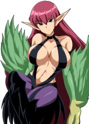 Rule 34 | 1girl, absurdly long hair, animal hands, bare shoulders, breasts, commentary request, duel monster, feathered wings, feathers, feet out of frame, green eyes, green feathers, green wings, hair between eyes, harpie lady, harpy, kairi (fotune), large breasts, long hair, monster girl, navel, pointy ears, red hair, simple background, solo, very long hair, white background, wings, yu-gi-oh!