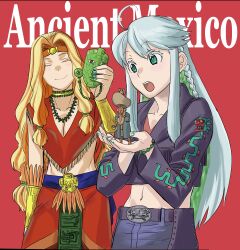 Rule 34 | 2girls, absurdres, ahoge, aztec, beads, blonde hair, blue hair, blush, bracer, breasts, closed eyes, colored inner hair, cropped jacket, crystal hair, detached pants, fate/grand order, fate (series), figure, green eyes, green hair, green nails, hair beads, hair ornament, headband, headdress, highres, hiroe rei, jewelry, kukulkan (fate), large breasts, light blue hair, long hair, long sleeves, low-tied long hair, mask, multicolored hair, multiple girls, official art, open mouth, poncho, quetzalcoatl (fate), sharp teeth, shrug (clothing), simple background, smile, snake print, teeth, very long hair