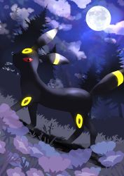 akisame_kanon animal_focus commentary creatures_(company) flower from_side game_freak gen_2_pokemon grass highres looking_at_viewer moon night nintendo no_humans outdoors pokemon pokemon_(creature) purple_flower red_eyes sky solo standing tree umbreon