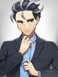 Rule 34 | 1boy, adjusting clothes, adjusting necktie, black hair, black jacket, buttons, closed mouth, collared shirt, commentary request, creatures (company), frown, game freak, grey eyes, grey hair, highres, jacket, larry (pokemon), long sleeves, male focus, multicolored hair, necktie, nintendo, nori (hgdm2784), open clothes, open jacket, pokemon, pokemon sv, shirt, short hair, solo, streaked hair, two-tone hair, upper body