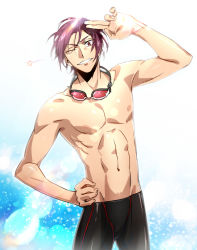 Rule 34 | 10s, 1boy, black jammers, black male swimwear, cowboy shot, free!, goggles, goggles around neck, grin, highres, jammers, lens flare, looking at viewer, male swimwear, matsuoka rin, nrrr, one eye closed, red-tinted eyewear, red eyes, red hair, smile, swimsuit, tinted eyewear